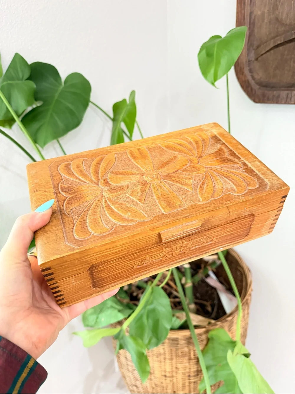 Vintage Hand-Carved Wooden Floral Jewelry Box with Mirror 10.5”